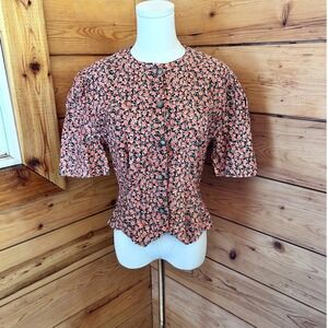 Vintage Floral Puff Sleeve Peplum Blouse Women Medium Orange Calico 80s does 40s